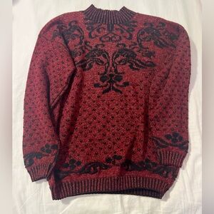 Vintage Red and Black Patterned Turtleneck Sweater